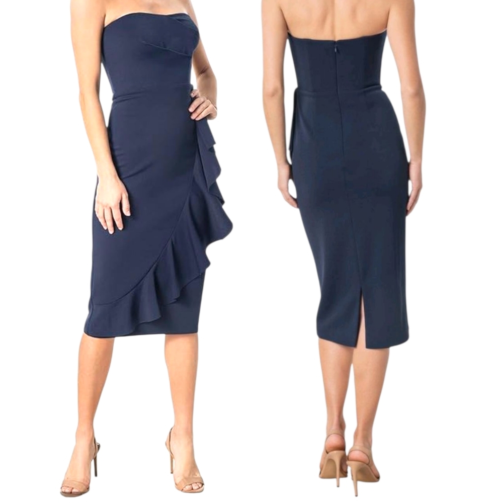 Dress The Population Liv Navy Blue Strapless Ruffle Bodycon Midi Dress Womens L